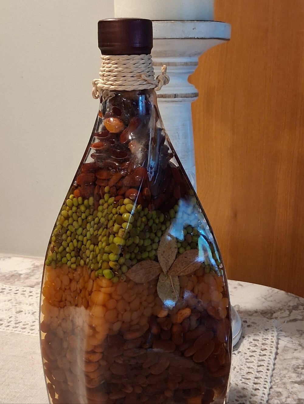 VTG Sealed Infused Vinegar  with Beans Glass Art Jar Kitchen Decor Collectible